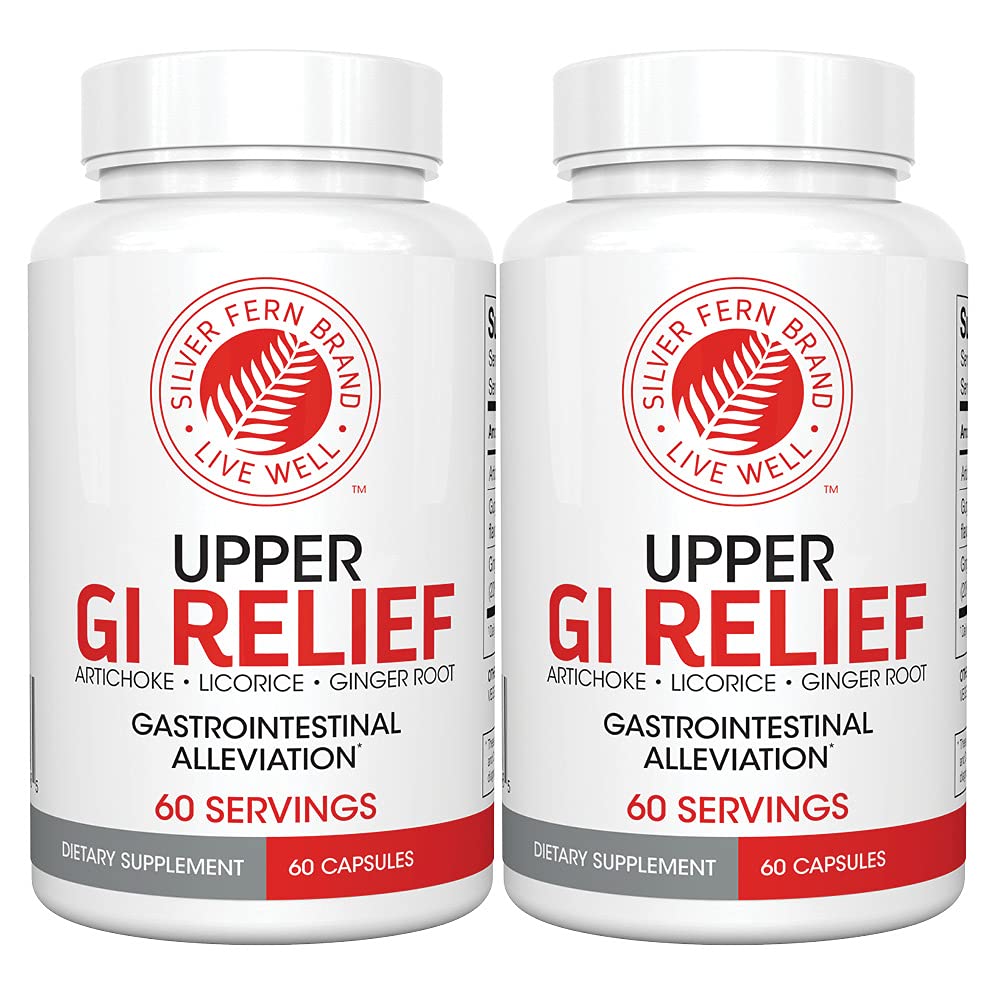 Silver Fern GI Relief - Suplemento Natural de Ervas - Tudo Natural com Extrato de Folha de Alcachofra, Extrato de Raiz de Ginger, e GutGuard Alcaçuz Flavonoides (2 Garrafas - 120 Cápsulas - 60 Dia Fornecimento)