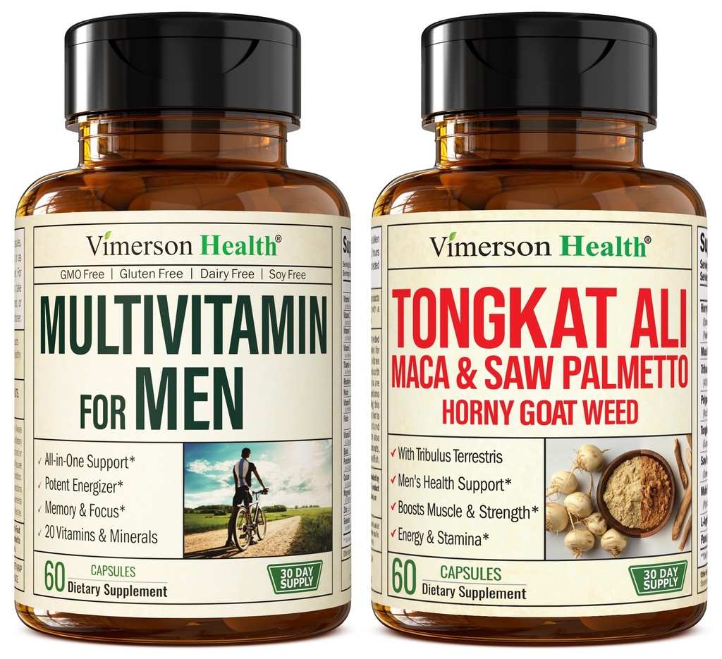 Vimerson Saúde Multivitamin para homens e Tongkat Ali para homens com Erva de Cabra Horny, Maca Raiz Pó, Tribulus Terrestris, Saw Palmetto Extract