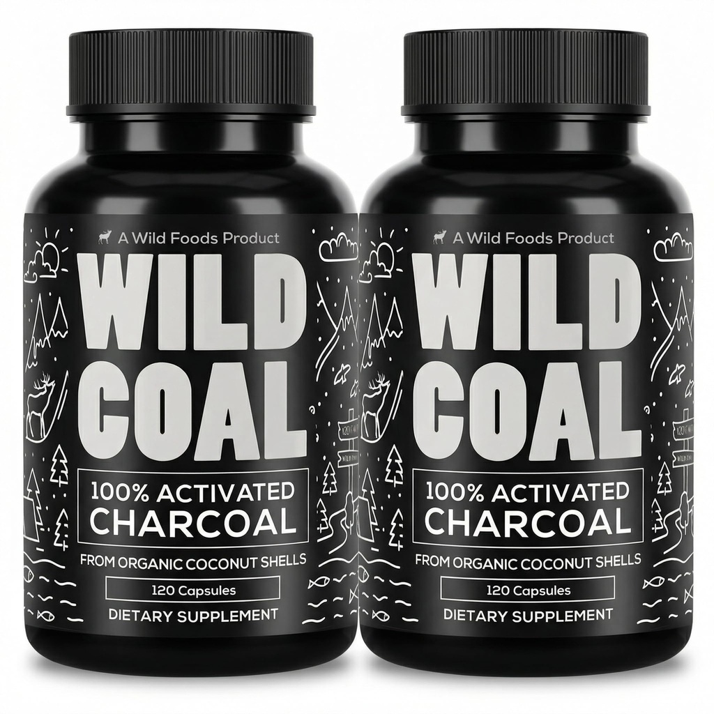 Alimentos Selvagens Cápsulas de Carvão Ativado 100% Organic Coconut Shells Active Tablets for Bloating Relief □ Lab Tested & Non-GMO Detox Pills □ EUA (Duas Garrafas - 120 Cápsulas)