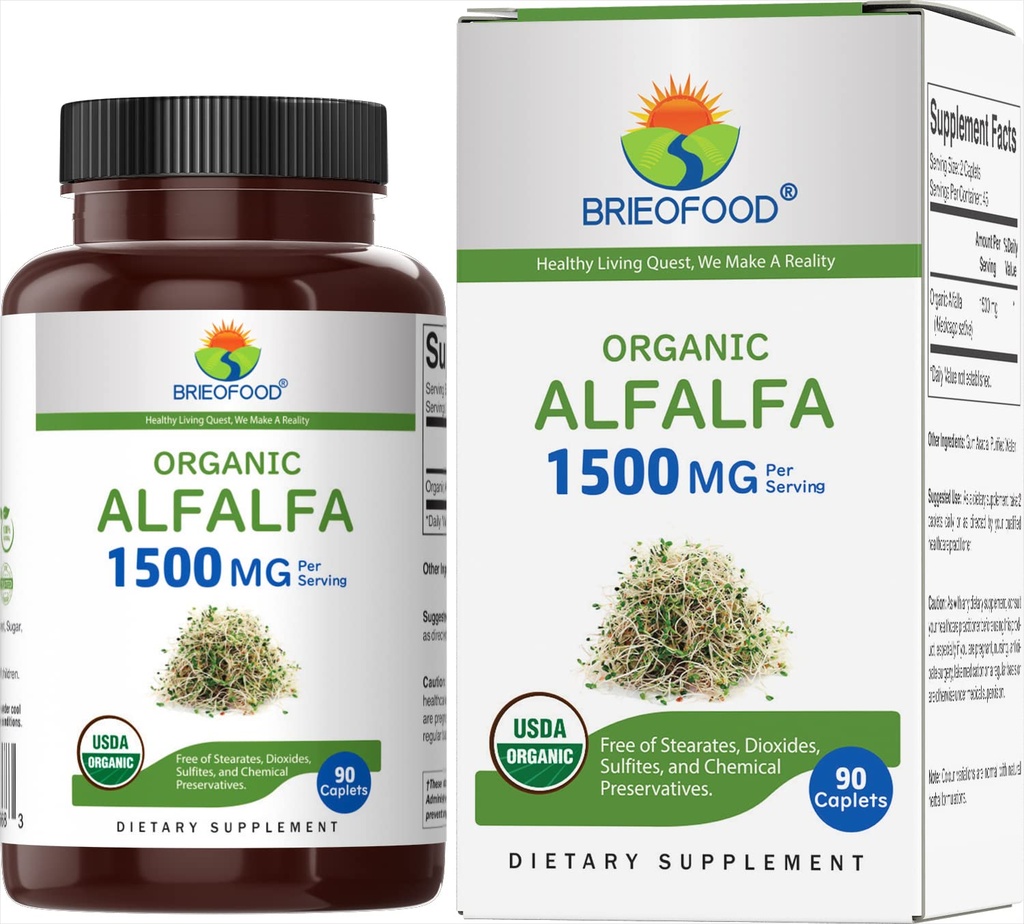 Brieofood Organic Alfalfa 1500mg, 45 Servings, Vegetarian, Gluten Free, 90 Comprimidos Vegetarianos