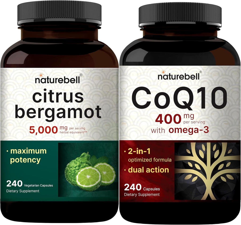 NatureBell CoQ10 400mg Cápsulas com Ómega 3 Ácidos Gordos & Citrus Bergamot Veggie Cápsulas 5.000 mg Pacote Equivalente □ Forma estável de alta absorção