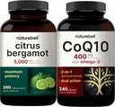 NatureBell CoQ10 400mg Cápsulas com Ómega 3 Ácidos Gordos & Citrus Bergamot Veggie Cápsulas 5.000 mg Pacote Equivalente □ Forma estável de alta absorção