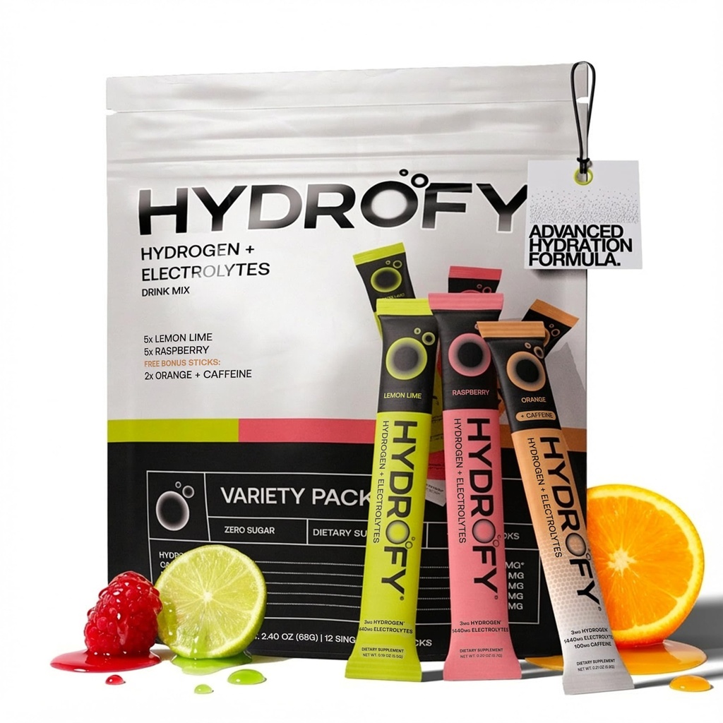 Hydrofy Hydrogen Water + Electrolytes Drink Mix - Variety Pack Pacote H2 Hydration com Hidrogênio Molecular, Sódio, Potássio, Magnésio, Limão, Framboesa, Laranja + Cafeína