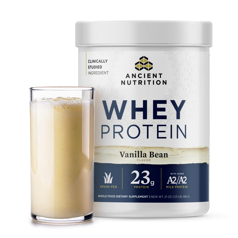 Nutrição antiga proteína de whey alimentado de grama, feijão de baunilha, 23g de proteína, 20 servimentos, peptídeos de colágeno hidrolisados, proteína orgânica regenerativa A2/A2 leite