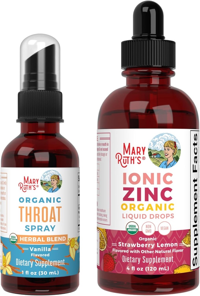MaryRuth Organics Throat Spray (Vanilla) & Zinc Drops (Strawberry Lemon) □ USDA Organic, Clean Label Project Verified® □ Vitaminas para alívio da garganta, imunidade e saúde geral