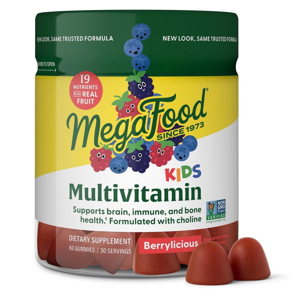 MegaFood Kids Gummies Multivitamin - Kids Vitaminas - Idade 4+ com Vitamina C, Vitamina D, Zinco, Colina e Fruta Real - Cérebro e Imune Suporte - Berrylicious Flavor - 60 Gummies (30 Servings)