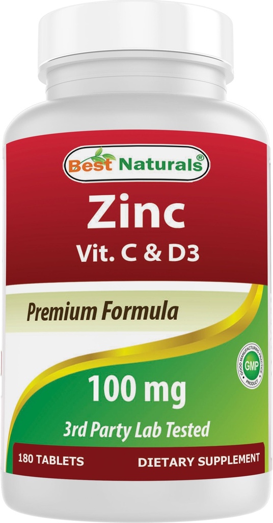 Melhores naturais Zinco 100 mg com vitamina C & D3 180 Comprimidos Glúten Livre e Não-GMO
