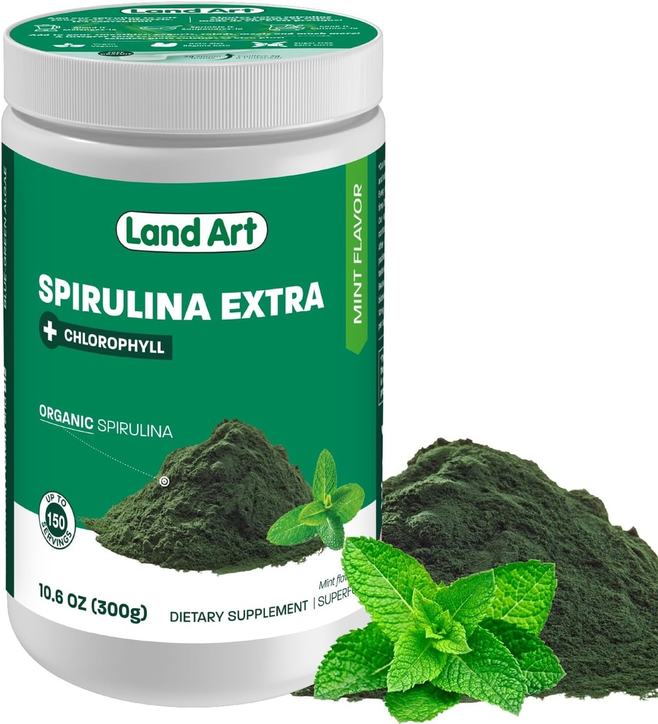 Arte terrestre espirulina orgânica Extra pó - hortelã aromatizado - 100% puro - 75 Servings - Superfood - Bom gosto e bom cheiro - 10% Clorofila bioativa - Fonte poderosa de antioxidantes