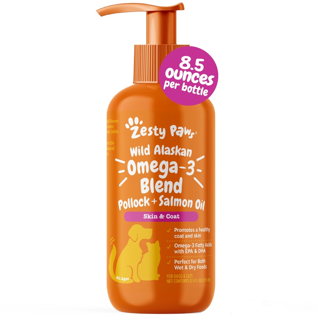 Zesty Paws Wild Alaskan Omega-3 Blend Pollock + óleo de salmão para cães e gatos- pele e casaco de suporte, Omega 3 Suplemento para animais de estimação, 8,5 onças