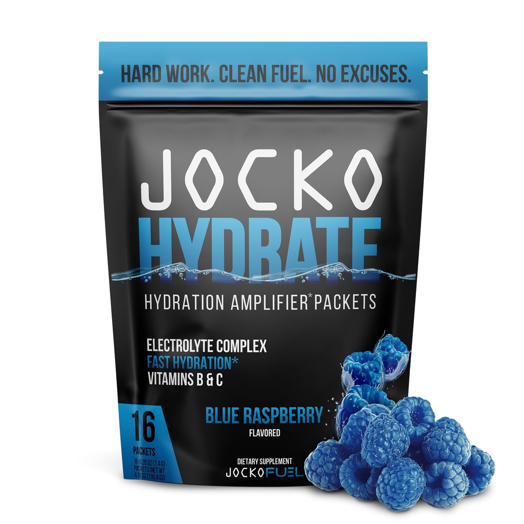 Jocko Combustível Hidratar Eletrólitos em Pó Pacotes Baixo Açúcar - Pacotes Amplificadores de Hidratação para Recuperação, Desidratação, & Exercício - com Vitaminas B6, B12 & C (16 Packets) Framboesa Azul