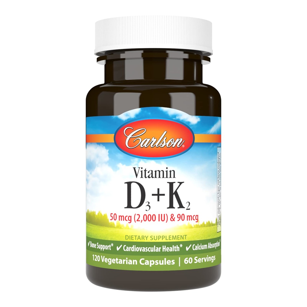 Carlson - Vitamina D3 + K2, 50 mcg (2000 UI) Vitamina D3 e 90 mcg Vitamina K2 como MK7, Suporte ósseo, Absorção de Cálcio, 120 Cápsulas