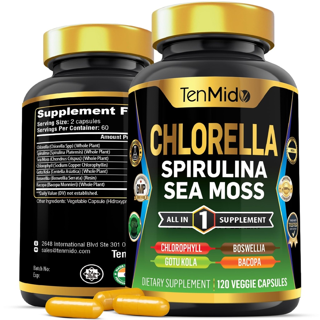 Suplemento de chlorela para homens e mulheres - 7in1 Fórmula com espirulina, musgo marinho, clorofila, Gotu Kola, Boswellia & Bacopa - Suporte imunológico - Rico em Nutriente, Vitaminas - 120 Cápsulas