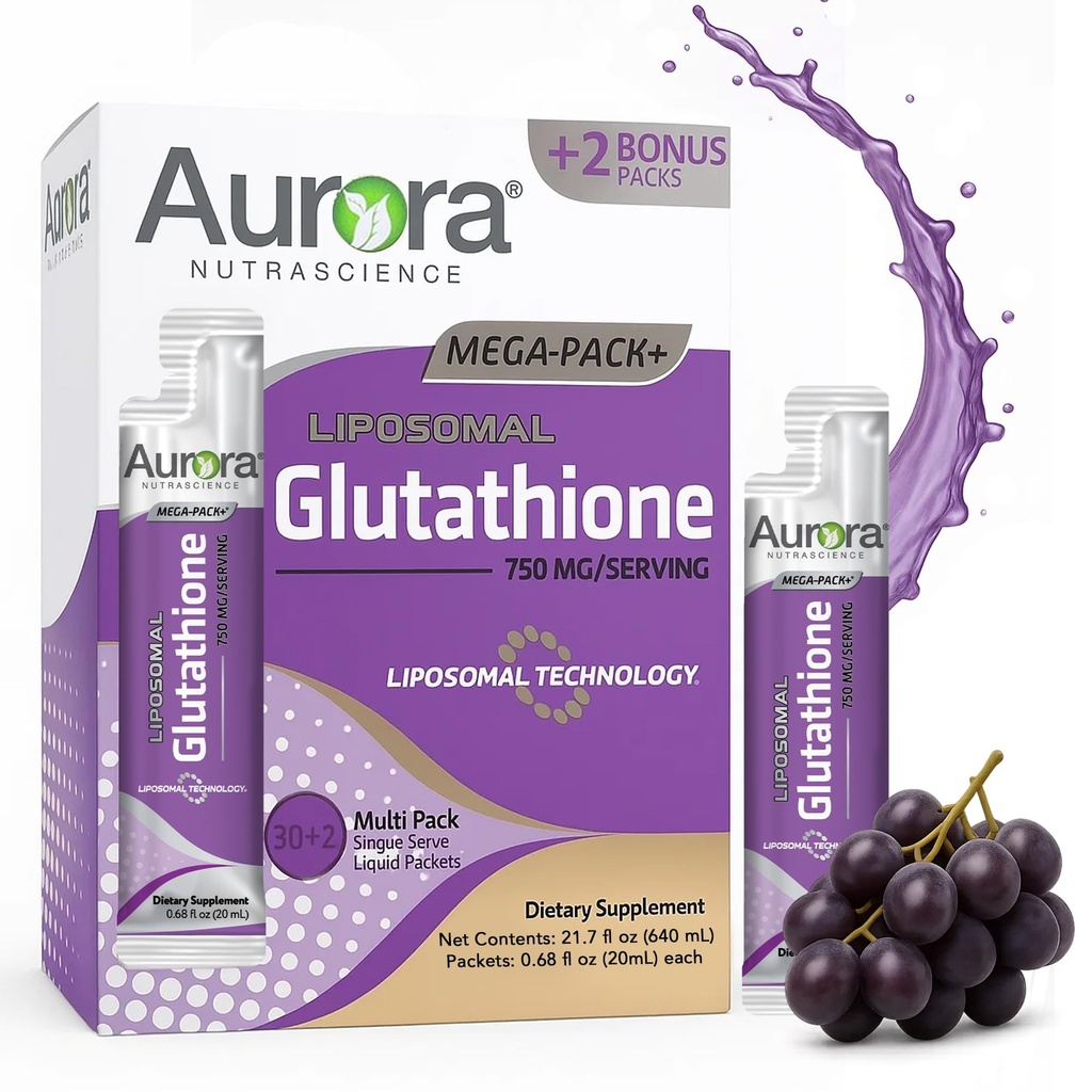 Aurora Nutrascience Mega-Liposomal Líquido Glutationa, Immune & Antioxidante Gut Health Support Supplement, 750 mg por serviço, Não-GMO, Açúcar-Livre, 32 Pacotes de serviço único