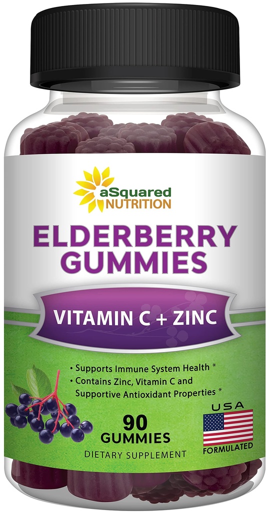 aSquared Nutrition Sambucus Elderberry Gummies with Zinc and Vitamina C - Chewable Gummy Supplement Alternative to Capsules Pills - Black Elderberries w/VIT C for Adults Imune Support - 90 Gummies