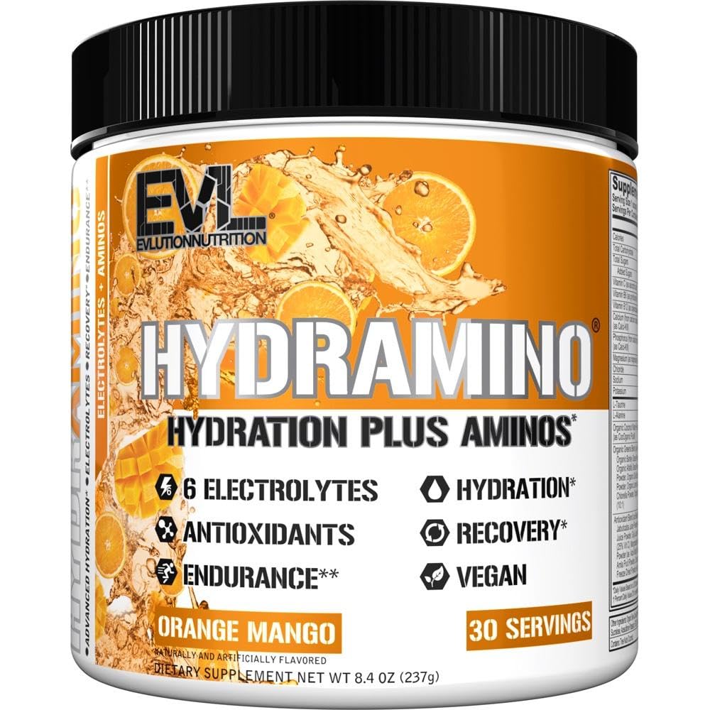 Evluition Nutrition HYDRAMINO Multiplicador de hidratação completa, Todos os 6 Eletrolitos, Vitamina C & B, Fluid Boosting Aminos, Água de coco, Endurance, Recuperação, Antioxidantes, 30 Servir, Mango laranja