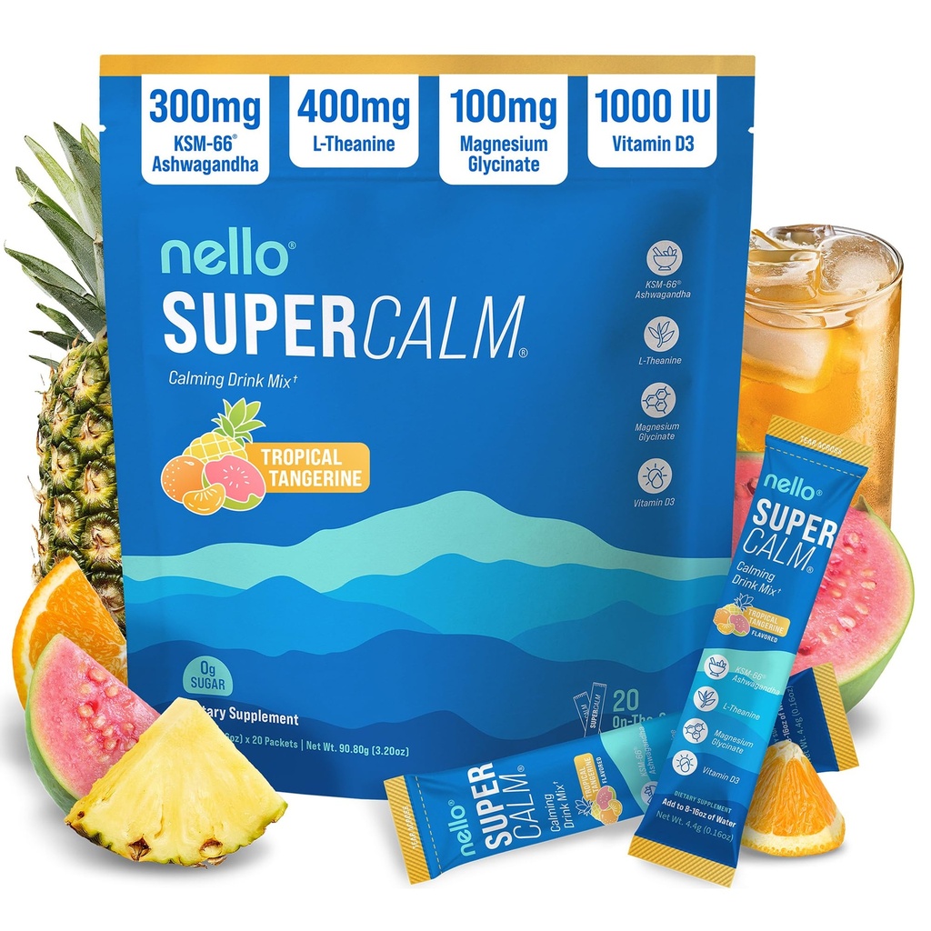 Nello Supercalm Powdered Drink Mix, Tangerina Tropical, L Theanina, Ksm-66 Ashwagandha, Glicinato de Magnésio, Vitamina D 3, Suplementos para Relaxamento e Foco, Natural, Sem Açúcar, Não OGM, 20 Srvg