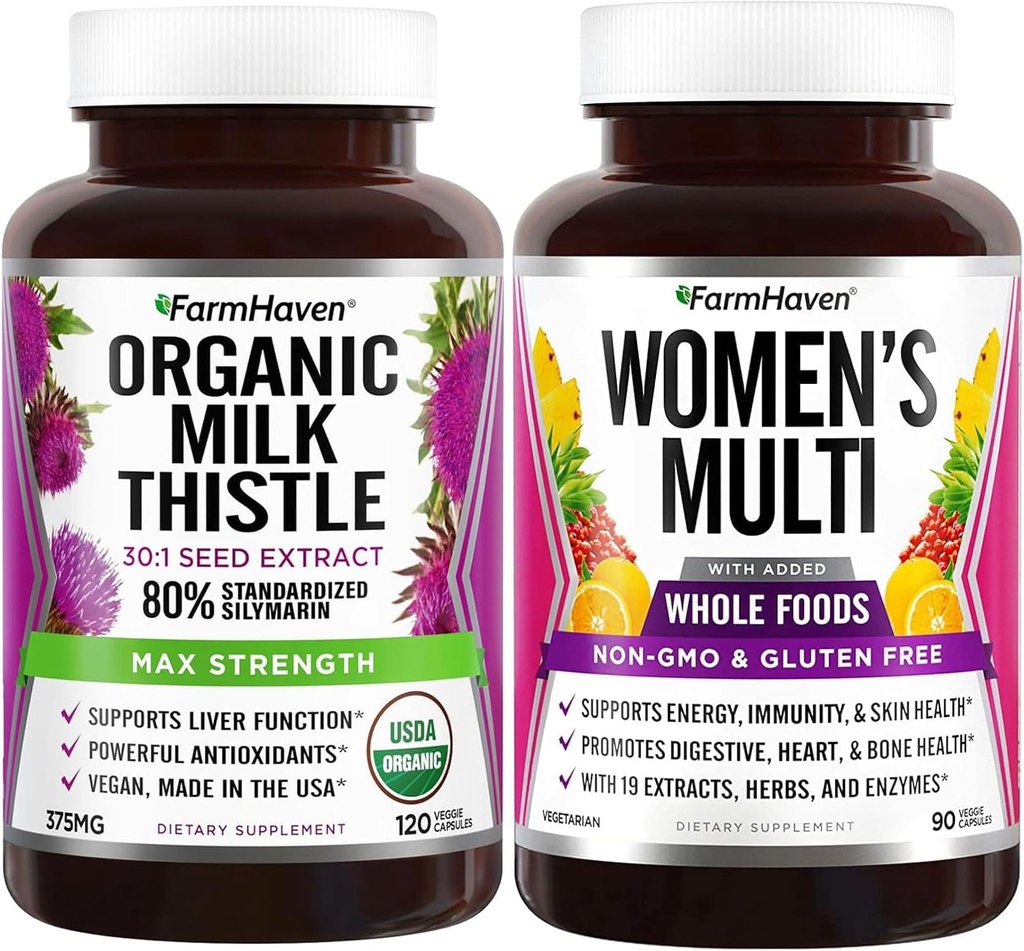 FarmHaven Milk Thistle Cápsulas e Multivitamin para as mulheres 22 Nutrientes Essenciais, Frutas e vegetais Mulheres Multivitamin