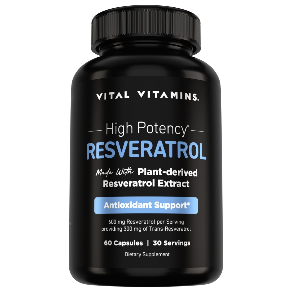 Vitaminas Vitais Resveratrol Suplemento - Apoio antioxidante, Longevidade celular, Função cognitiva - 60 Cápsulas