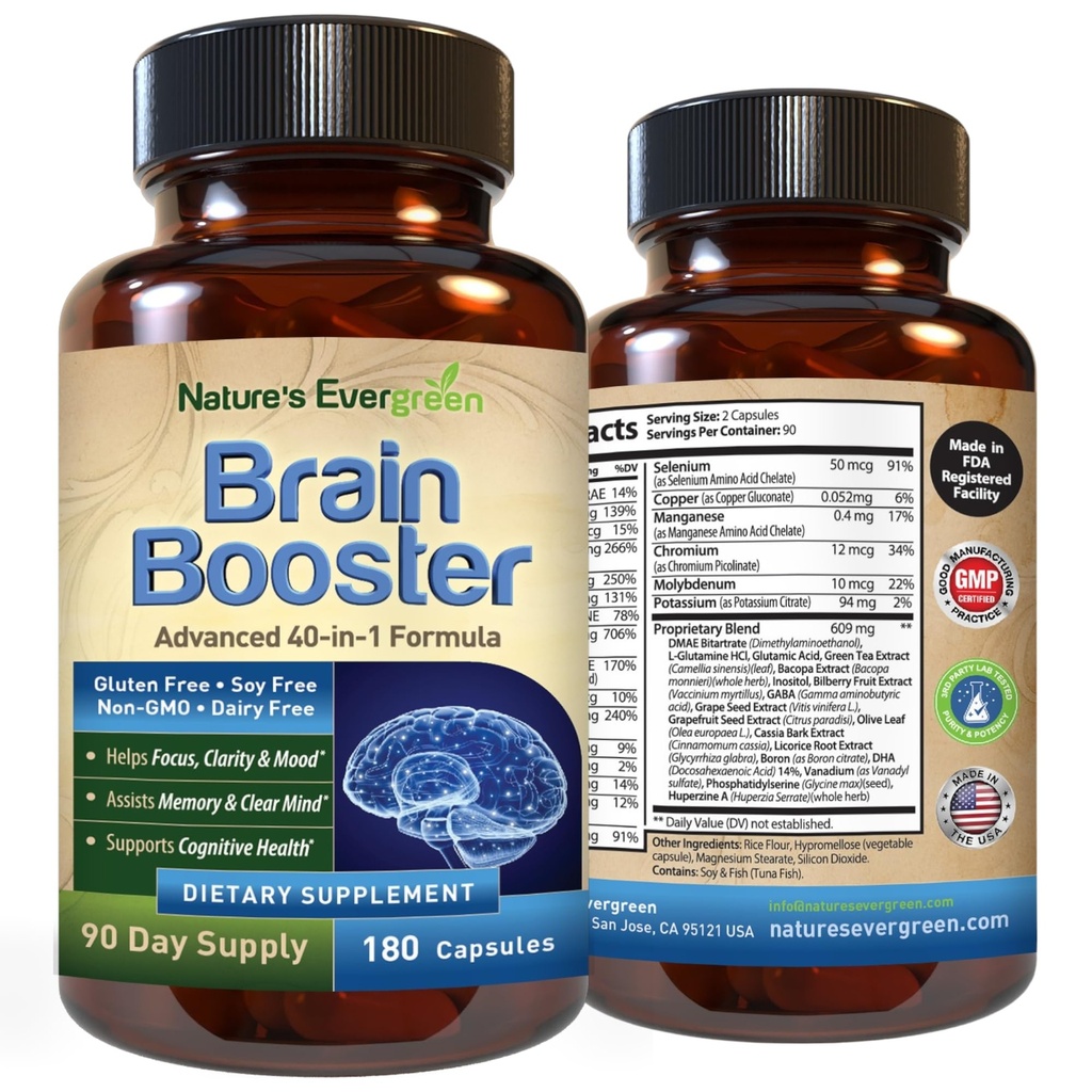 Brain Booster 40-in-1 Formula Supplement for Focus, Memory, Clarity, Energy .