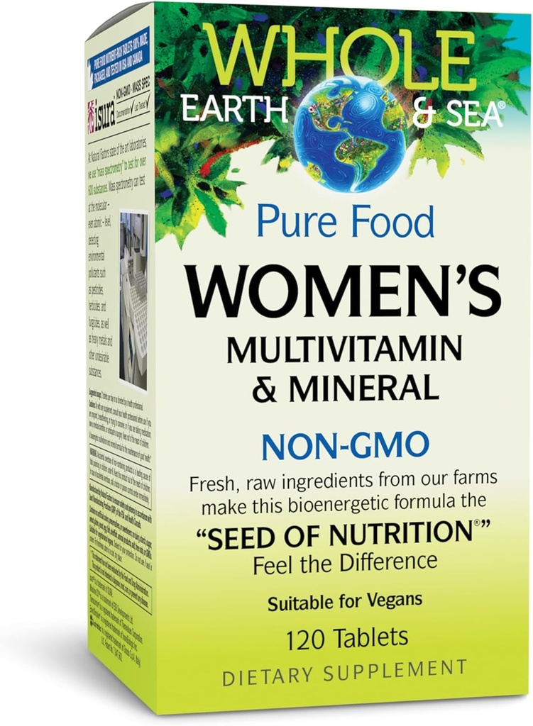 Fatores naturais Terra inteira & Mar Multivitamin & Mineral feminino, Suplemento alimentar inteiro, Vegan, 120 comprimidos