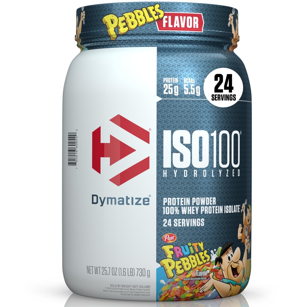 Dymatize x Fruity Pebbles ISO100 Whey Protein Powder Isolate, 25g de proteína, 20 Servings, 5,5g BCAAs, 120 Cal., Gluten Free, 1g Fat, 1g Sugar, 2g Carb (24 Servings)