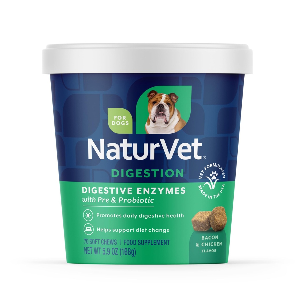 NaturVet – Enzimas Digestivas - Mais Probióticos e Prebióticos – Ajuda a mudar dieta de suporte e um trato digestivo saudável – para cães (Mastigação suave, 70 Conde)
