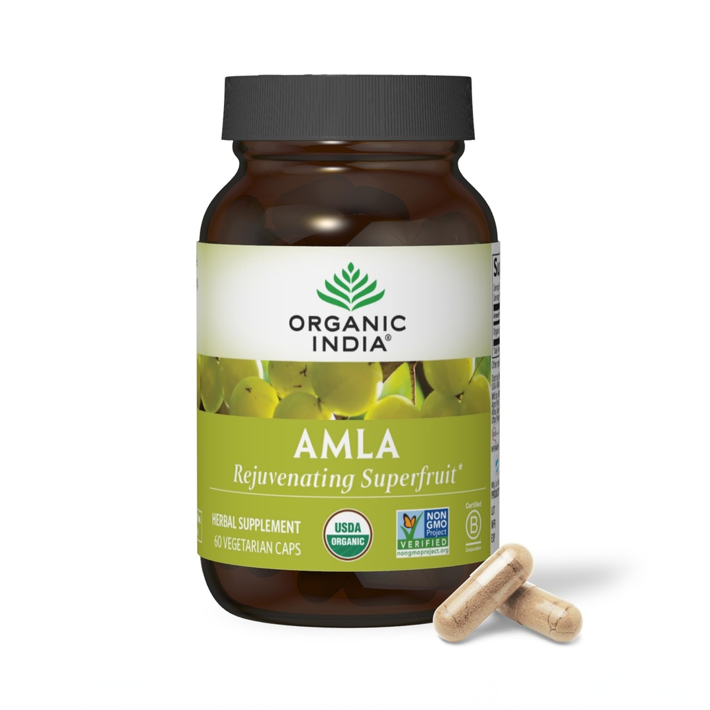 ÓRGÂNICA ÍNDIA Amla Cápsulas Orgânicas - Suplemento de Vitamina de Groselha, Suplemento de Amla, Suporte imunológico, Vegan, Sem glúten, Ayurvédico, Antioxidante, Não-GMO - 60 Cápsulas