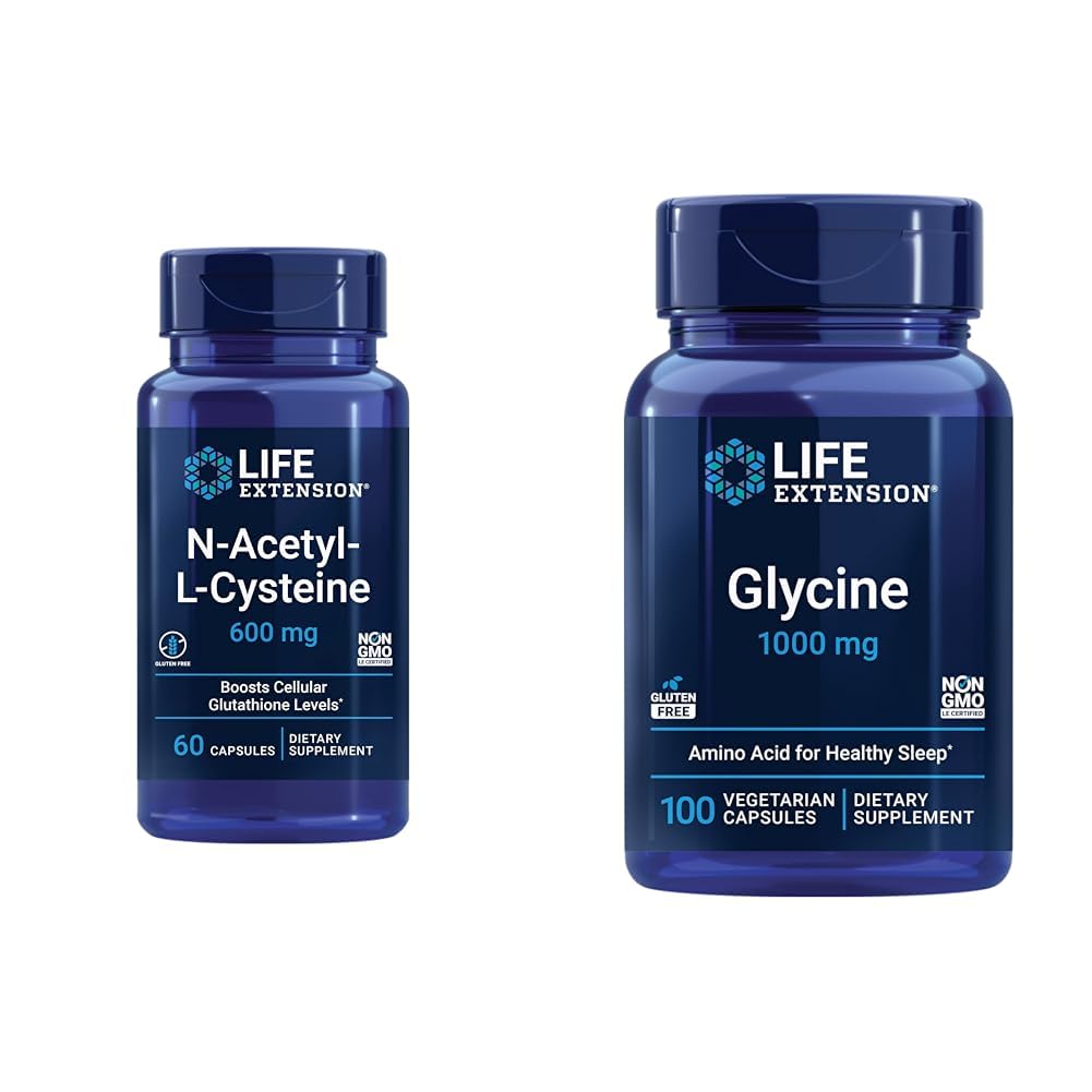 Extensão de Vida N-Acetil-L-Cisteína (NAC) & Glycine 1000 mg, Promove Relaxamento, Sono Saudável, Ácido Amino, Sem Glúten, Não-GMO, Vegetariano, 100 Cápsulas