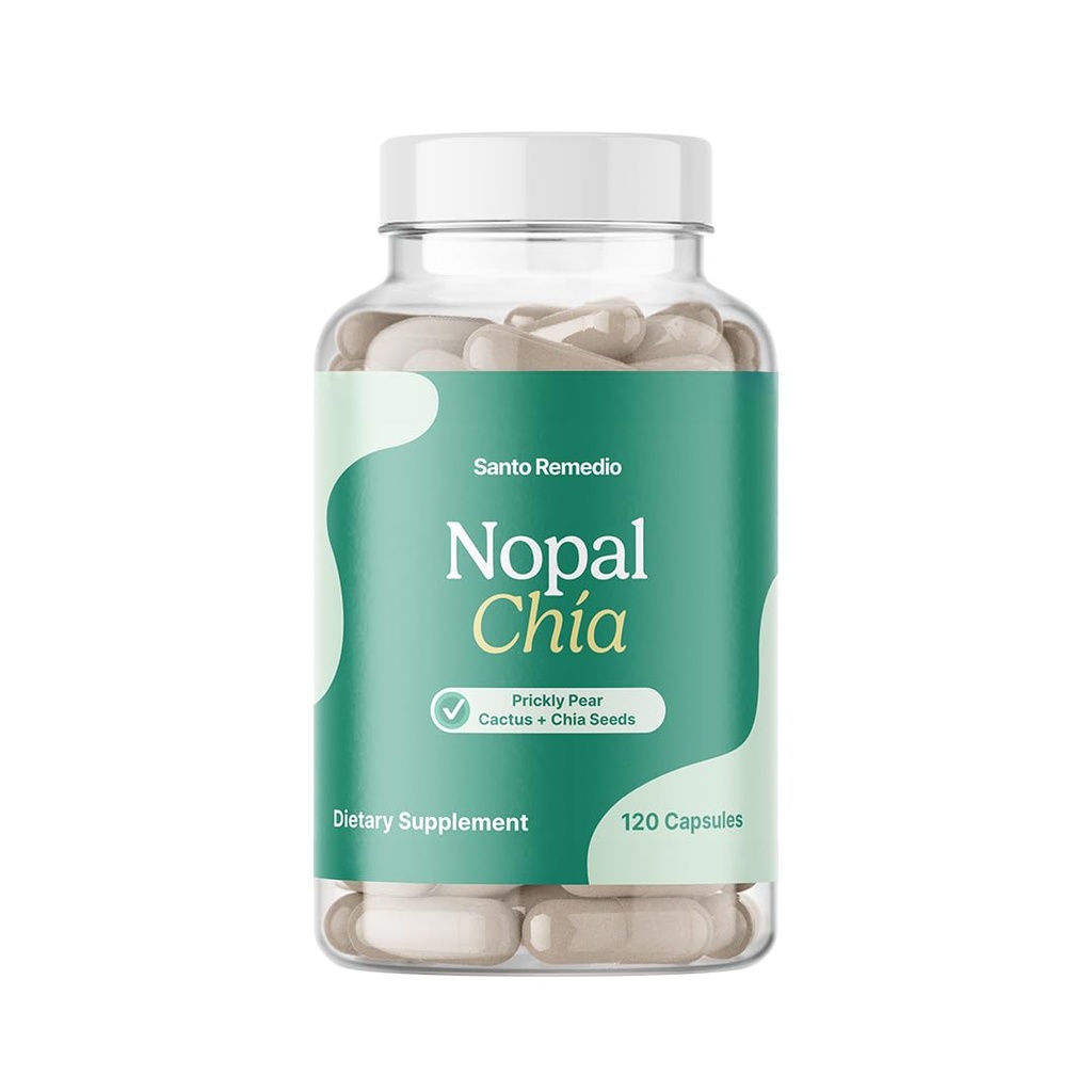 Santo Remedio Nopal Chia, Prickly Pear Cactus e Chia Powder Suplemento dietético, Ingredientes clinicamente comprovados, Sem glúten, Não-GMO, Sem açúcar adicionado, 120 cápsulas, 60 Servings por recipiente