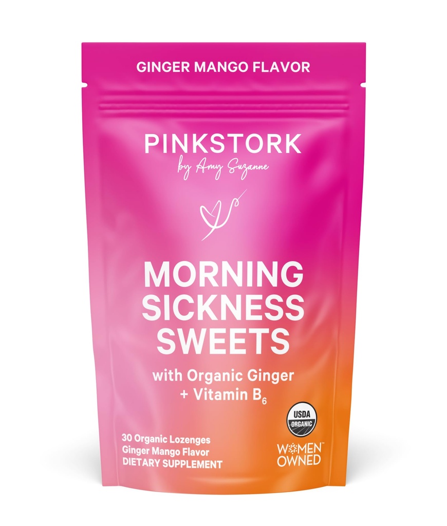 Rosa Cegonha Manhã Doente, Candy Mango Ginger Orgânico com Vitamina B6 para Manhã Doença, Movimento Doença, Azia pré-natal - Gravidez deve ter - 30 Gotas embrulhadas
