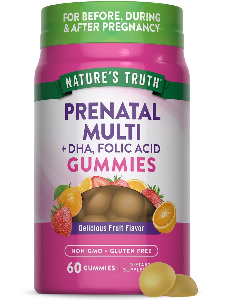 Nature's Truth Gummies multivitamínicos pré-natais com DHA e ácido fólico 60 Contagem de sabor de frutas Não-GMO e suplemento sem glúten