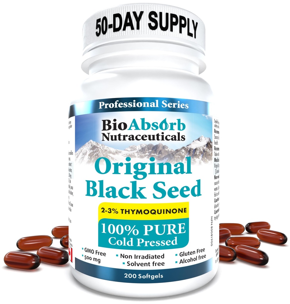 Bio Absorb Black Seed Oil Cold Pressed Cápsulas. 200 softgels, 500mg (50-Dia Fornecimento). Nada de sabor.