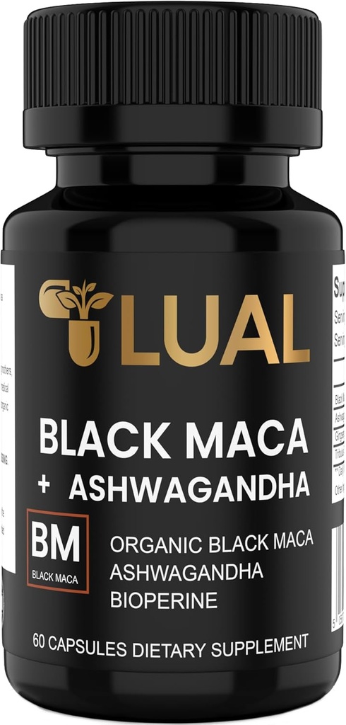 LUAL 30.000mg 30x Força Orgânico Maca Raiz Preto com Ashwagandha - Maior Potência Black Maca Raiz Cápsulas para Homens - 100% Puro Maca Peruana Pó Orgânico, Gelatinizado, Não-GMO - 60 comprimidos