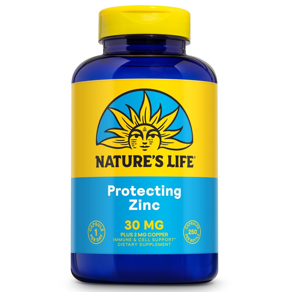 Vida da natureza Picolinato de zinco 30mg Plus 2mg de cobre - Suplemento de zinco quelado para Imune, Cardiovascular, Pele, Função Celular e Apoio Músculo - 60-Dia Garantia - 250 Servões, 250 Cápsulas