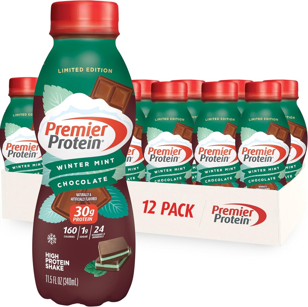Premier Protein Shake, Edição limitada Chocolate de hortelã de inverno, 30g de proteína, 1g de açúcar, 24 vitaminas e minerais, Nutrientes para apoiar a saúde imunológica, 11.5 oz, 12 embalagem