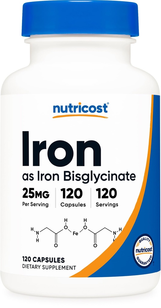 Nutricost Bisglicinato de Ferro Suplemento (25mg) 120 Cápsulas - de Quelato de Bisglicinato Ferroso - Não-GMO e Sem Glúten