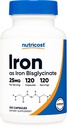 Nutricost Bisglicinato de Ferro Suplemento (25mg) 120 Cápsulas - de Quelato de Bisglicinato Ferroso - Não-GMO e Sem Glúten