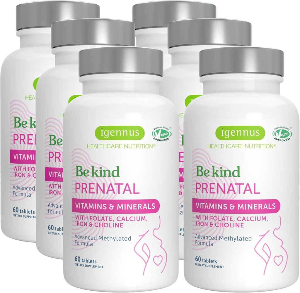 Igennus Multivitamina pré-natal metilada para mulheres, Folato para MTHFR, Alta Absorção, Puro e Limpo, Ferro Gentil, Colina, Cálcio e Magnésio, Vitaminas Vegan Gravidez, Halal, Não-GMO, 60 Comprimidos x 6