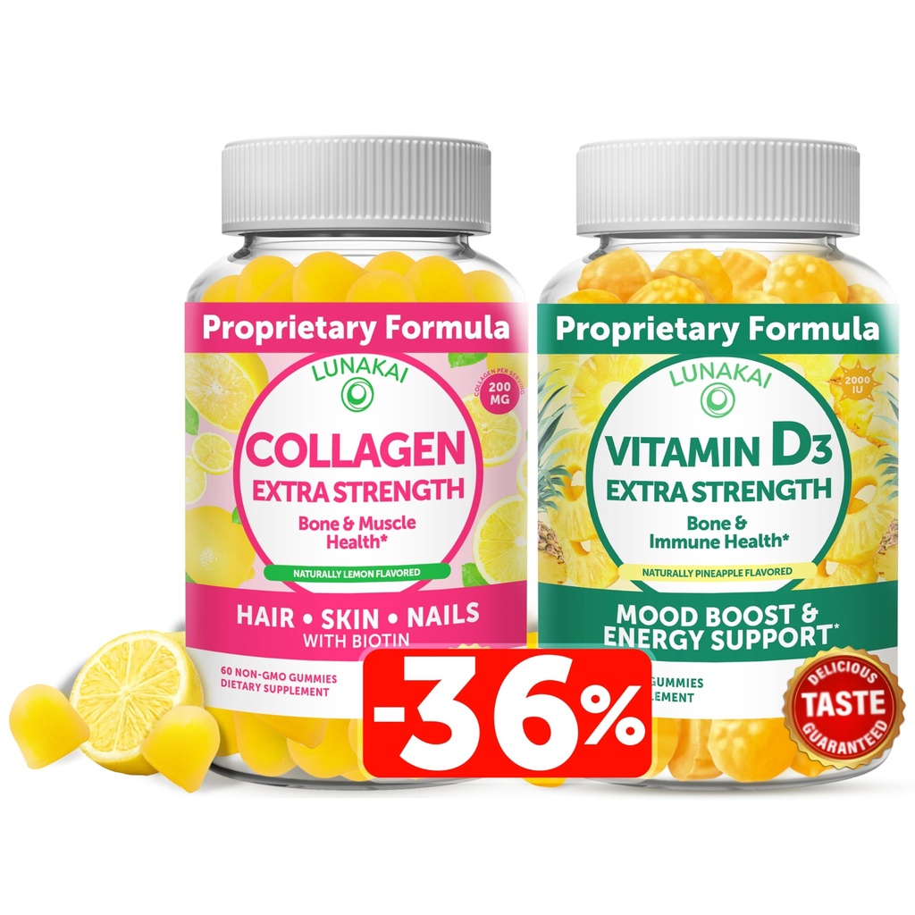 Pacote de gomas de colagénio e vitamina D3 Lunakai - Suplementos antienvelhecimento não-GMO para homens e mulheres - Imunidade, osso e humor Suporte Gummy para adultos - 30 dias de fornecimento