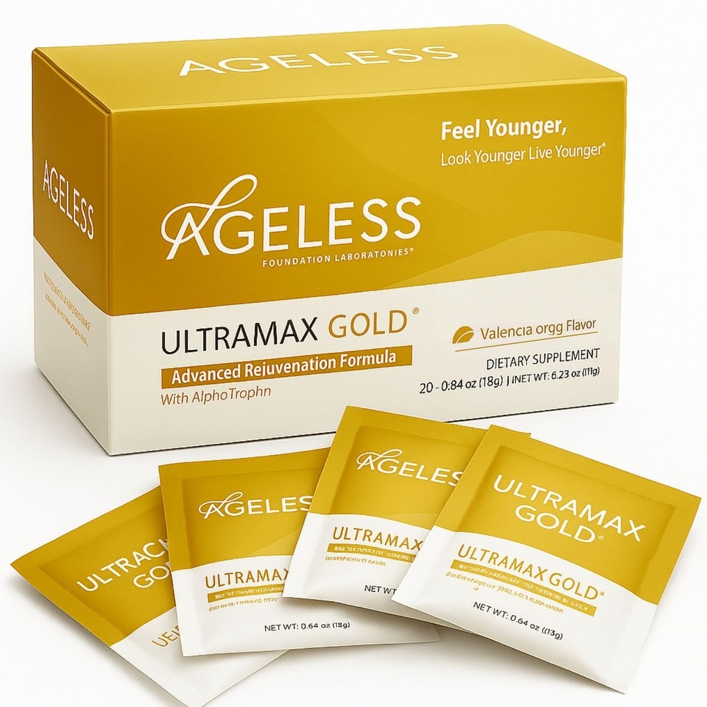 Idoso UltraMAX Gold - HGH Anti-Aging Supplement for Women & Men - Rejuvenesce a pele, Restaura a aparência jovem, Aumenta a energia e o sono, Pó Efervescente - Valencia Orange Flavor - 22 Packets