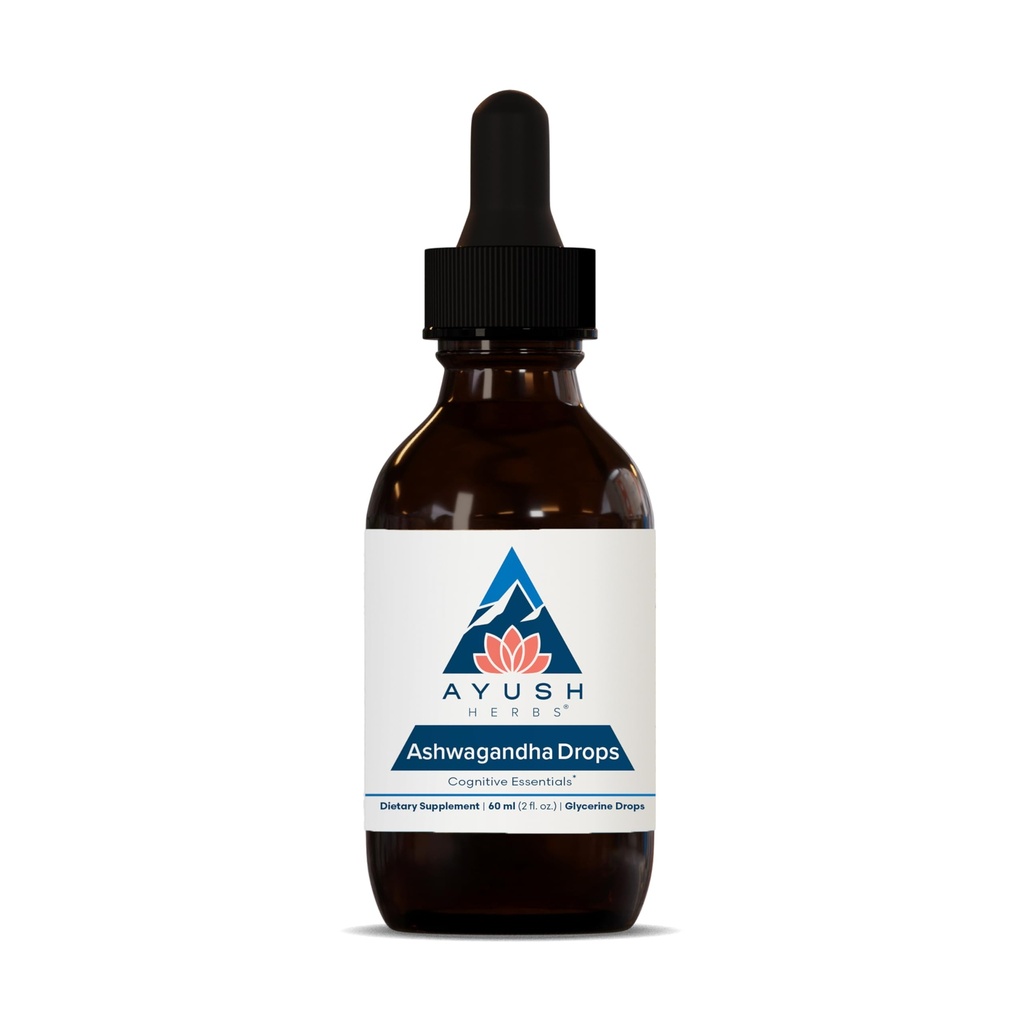 Ayush Herbs Ashwagandha Drops - Ashwagandha gotas sem álcool para adultos, calmante suplemento diário para foco e atenção com orgânico Ashwagandha, limão sabor - 2 Fl Oz (80 Servings)