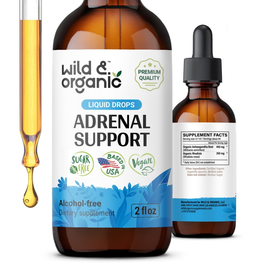Selvagem & Suporte Adrenal Orgânico Tintura para o Outlook Positivo - Complexo Adrenal com Ashwagandha, Rhodiola Rosea Root - 1-Month Supply - Vegan, Sem Açúcar & Álcool - 2 fl oz