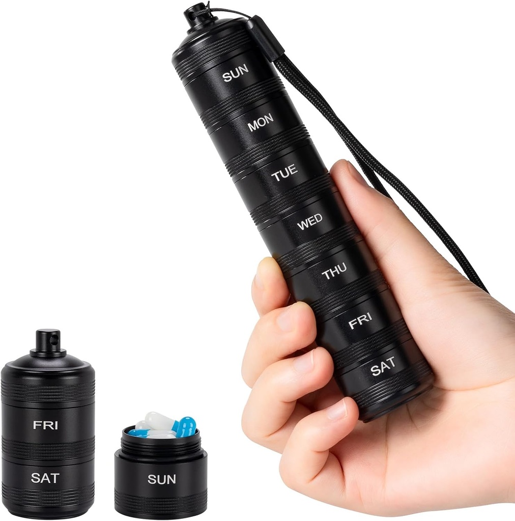 Portable Metal Weekly Pill Organizer - Caixa de pílulas impermeável, pequeno recipiente de liga de alumínio da semana de viagem compacta, 7 dias de medicina diária Organizador titular para comprimidos pequenos, preto S