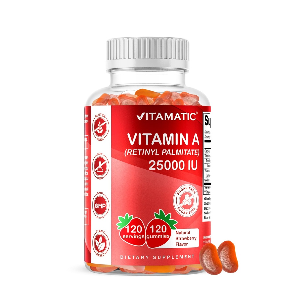 Vitamina sem açúcar Vitamina A 25000 UI Gummies (Retinil Palmitate) - Natural Strawberry Flavor - 120 pastilhas à base de pectina (1 garrafa)