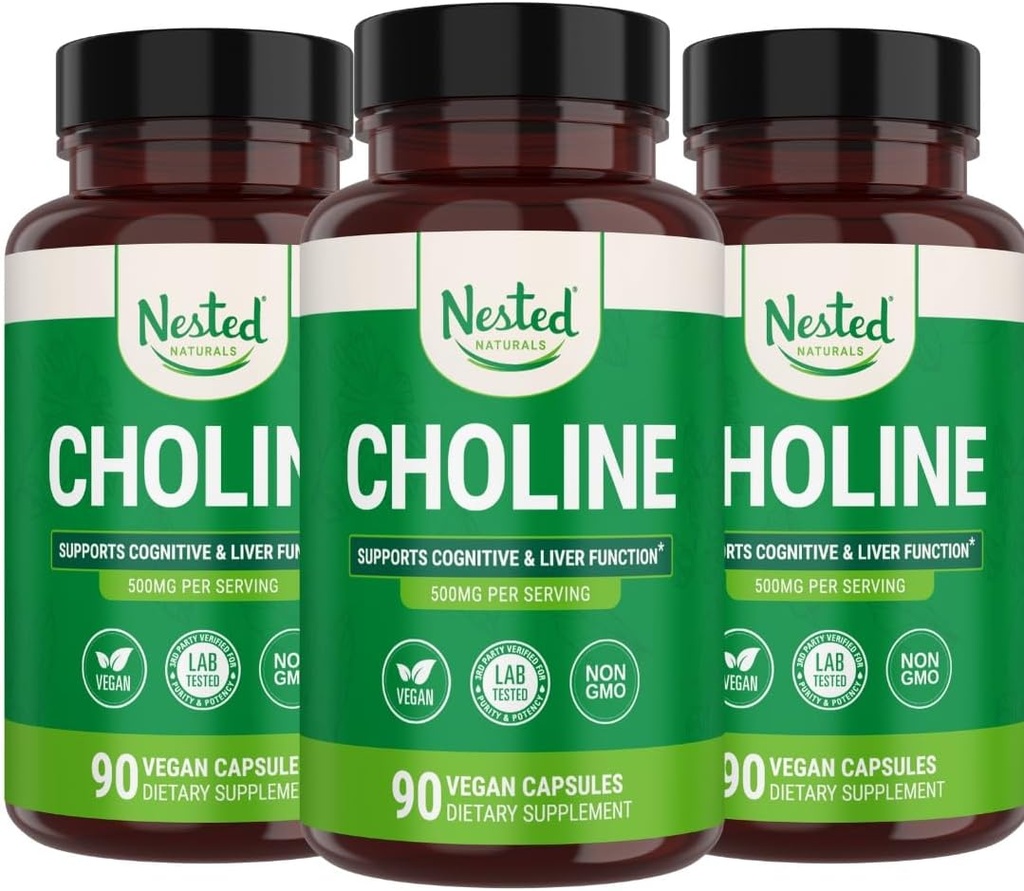 Aninhado Naturals Choline Bitartrate 500mg .High Potence Choline Supplements , Suporta desempenho cognitivo e função hepática , 100% Vegan & Non-GMO ,