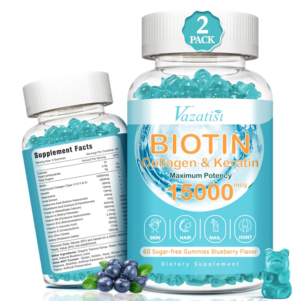 Biotina e gomas de colágeno com B12, Pele de cabelo e unhas Vitaminas Gummies para o crescimento do cabelo, Pele brilhante & unhas fortes - Aroma de mirtilo, Açúcar grátis, 120 Ct