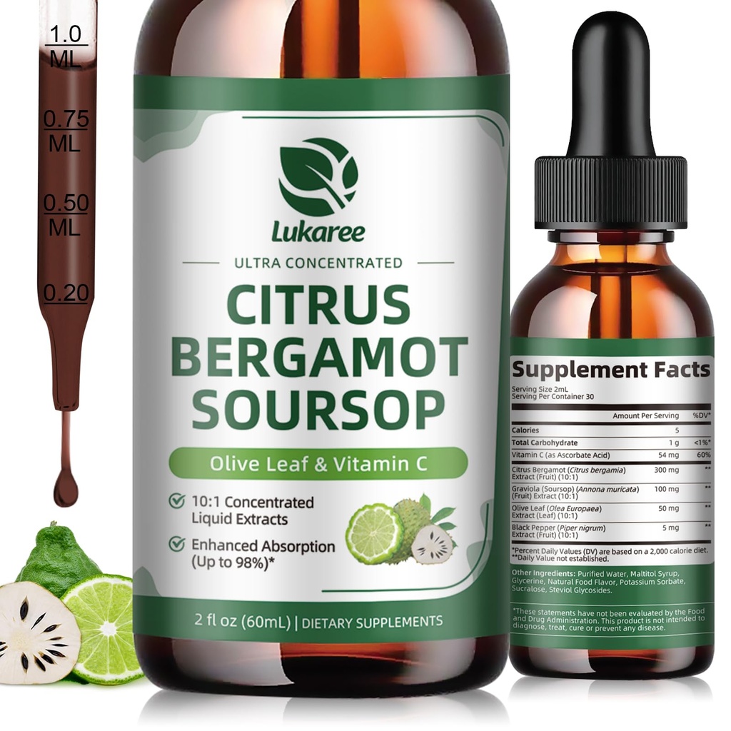Citrus Bergamot Liquid Drops - Suplemento Natural com Soursop, Arroz de Levedura Vermelha, Alho, Folha de Oliva, Pimenta Preta - Alta Absorção - Suporte Global Bem-Estar* - Soursop Bitters Liquid, 2 Fl Oz