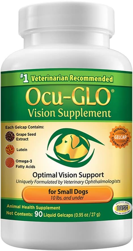 Ocu-GLO Vision Supplement for Small Dogs - Lutein, Ómega-3 Fatty Acids, Grapeseed Extract - Support Optimal Eye Health & Vision in Dogs - Antioxidants for Canine Ocular Health - 90ct SNIP CAPS