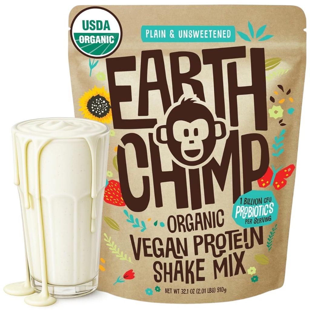TerraChimp Organic Vegan Protein Powder - com Probióticos - Não OGM, Leite Livre, Não Whey, Planta Based Protein Powder for Women and Men, Gluten Free - 26 Servings 32 Oz (Plain & Undoced)