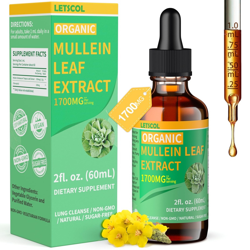 Orgânico Mullein Drops para Lung Cleanse, poderoso 1700mg Mullein Leaf Extract para Imune & Suporte Respiratório, Natural Mullein Suplemento Tintura Drops Não-GMO & Vegan, 2 Fl Oz